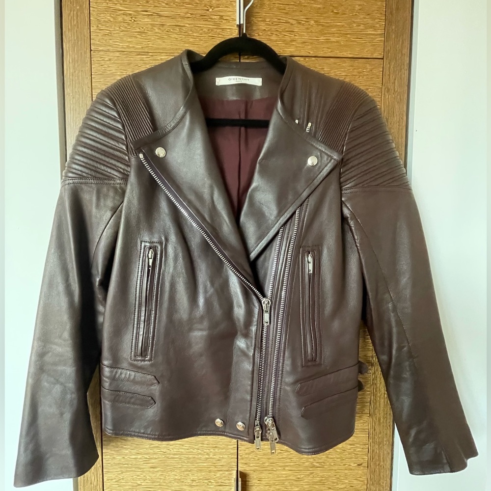 Givenchy leather oxblood Moto jacket with quilted ribbed shoulder panels.
